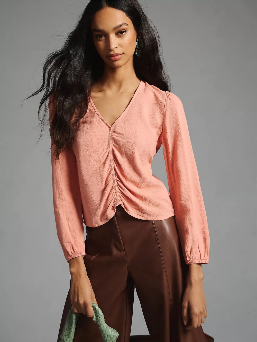 Anthropologie Cloth & Stone Coral Pink Ruched Blouse Size XL
